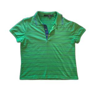 Ralph Lauren RLX Golf Neon Green & Navy Blue Striped Cropped Polo Shirt Sz M